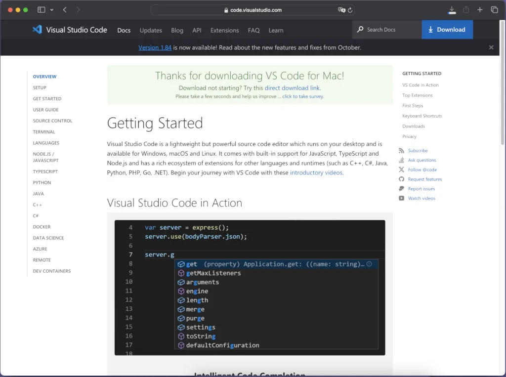 Visual Studio Codeのダウンロードが開始されるサイト